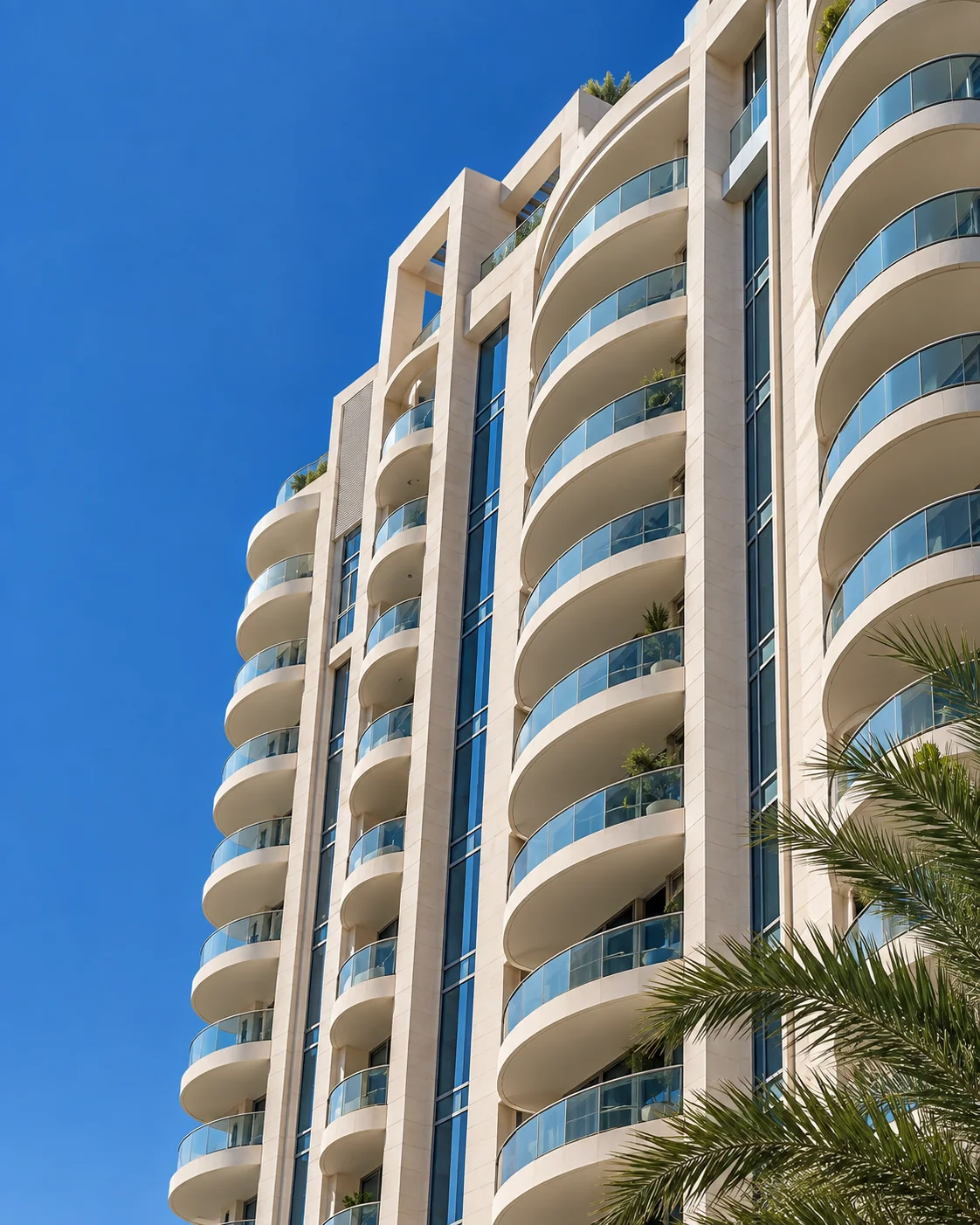 Architectural illustration of a sunlit residential building with curved balconies and blue glass